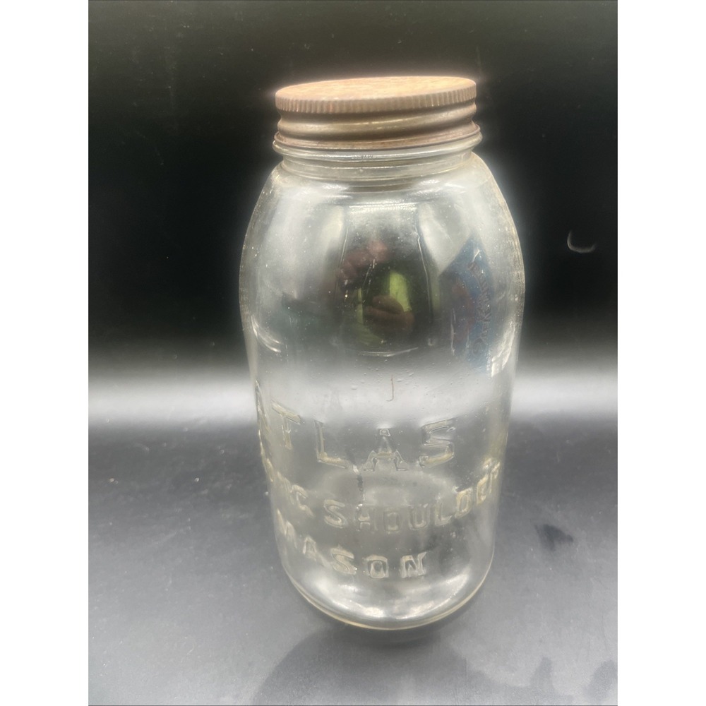 Vtg Atlas Strong Shoulder Mason Jar Clear 1 Quart Zinc Lid K over C Base Mark